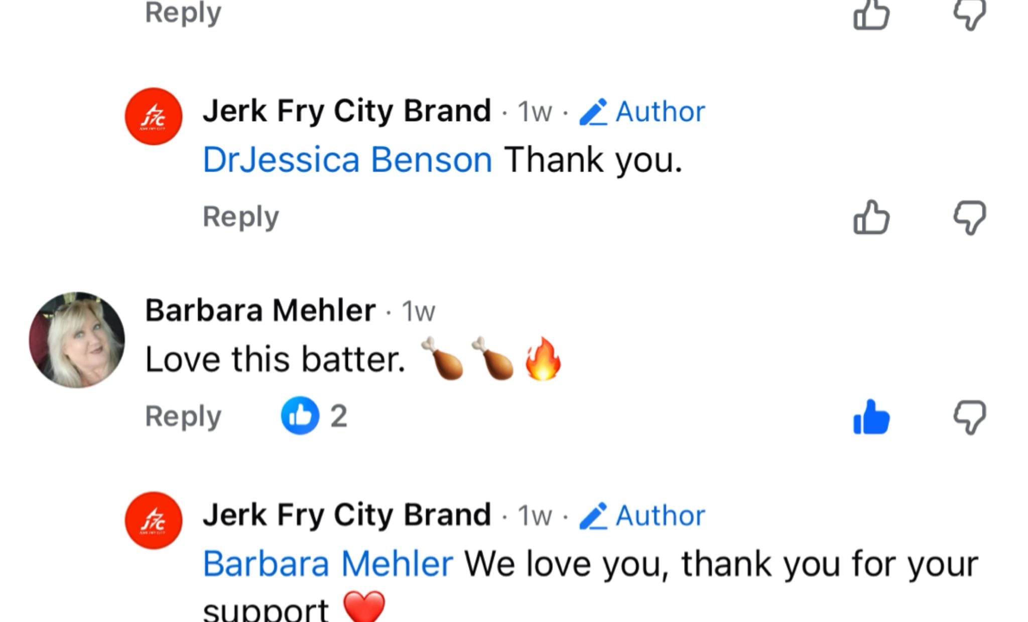 Social media interaction between Jerk Fry City Brand and a user on a platform with replies and likes.