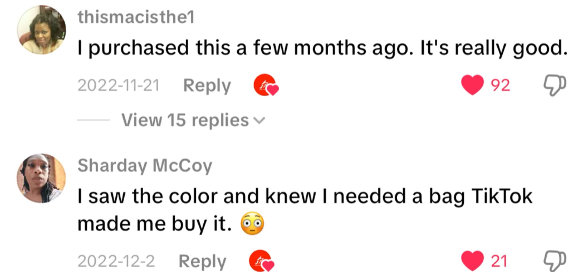 Two user comments on a product with timestamps and interaction icons - Jerk Fry City
