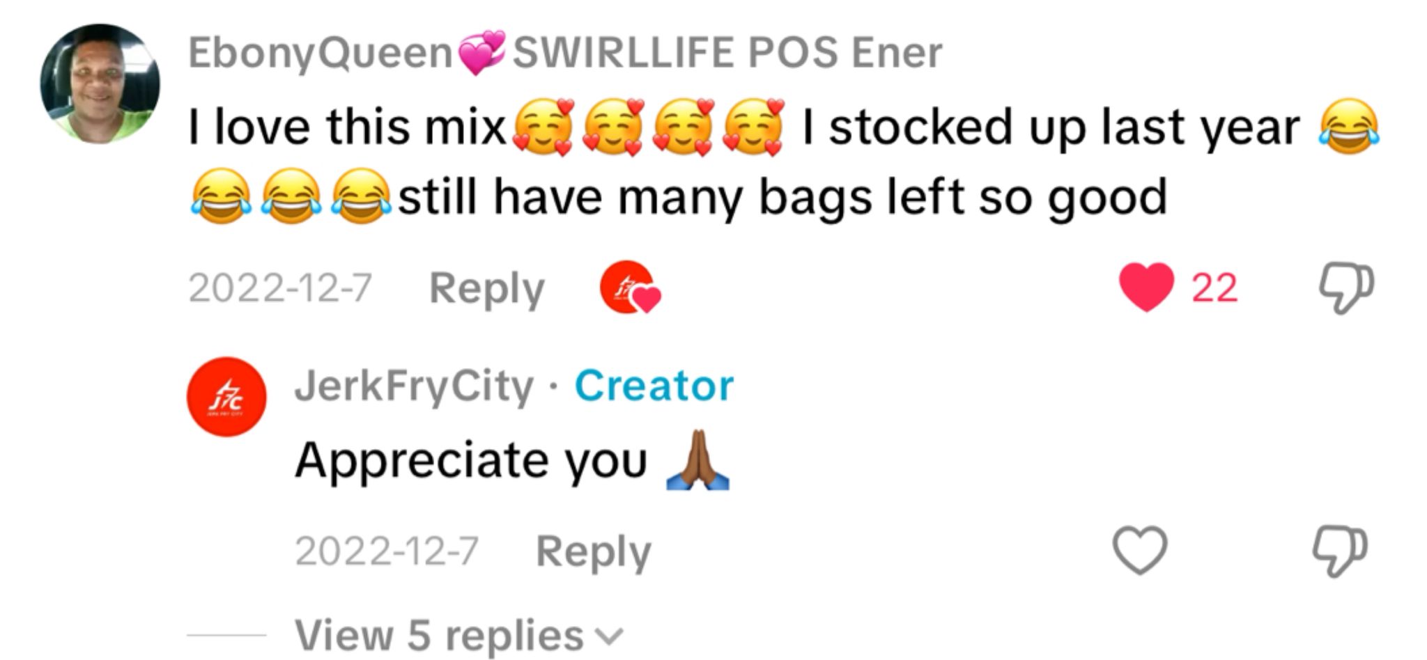 Social media post with user comments on a white background - Jerk Fry City