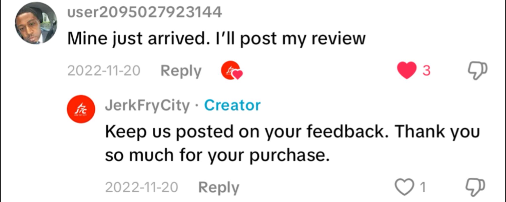 Social media interaction with a reply and a creator's message on a platform - Jerk Fry City