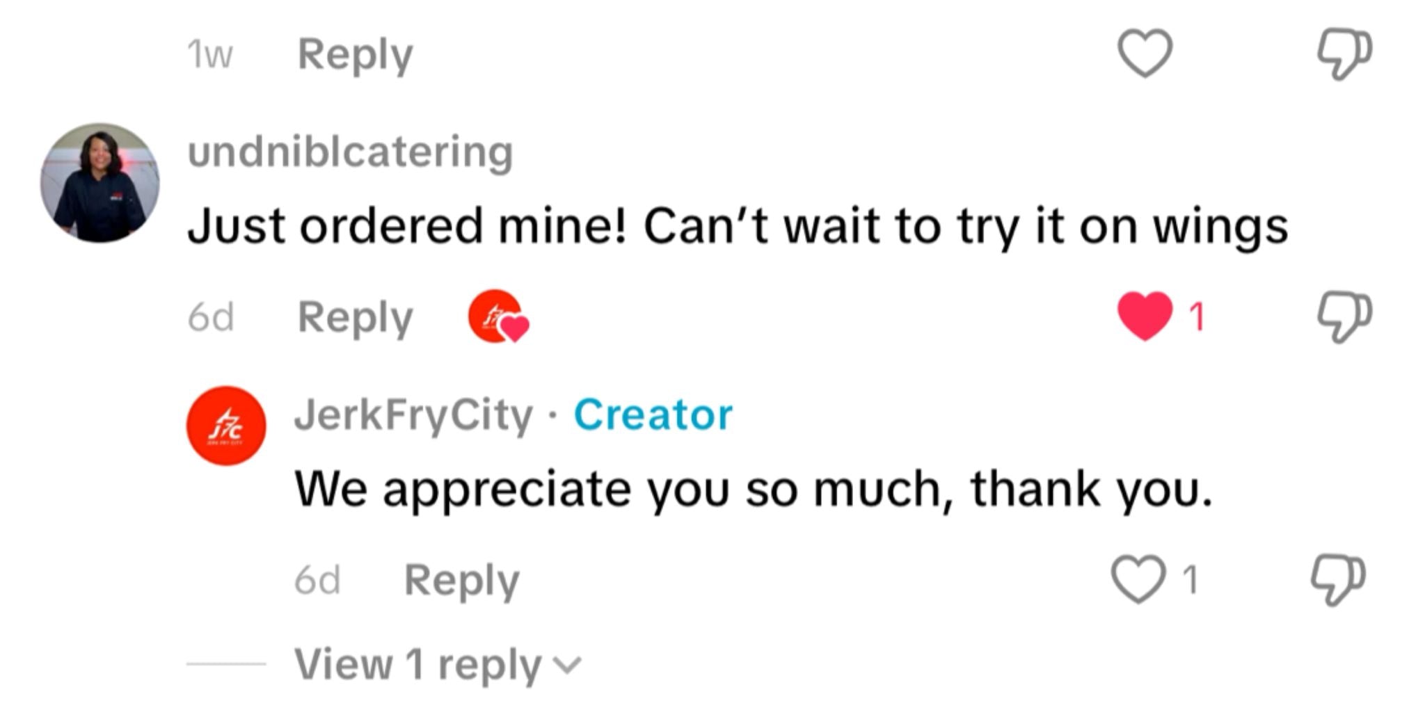 Social media interaction between a user and a brand on a platform with text and icons - Jerk Fry City