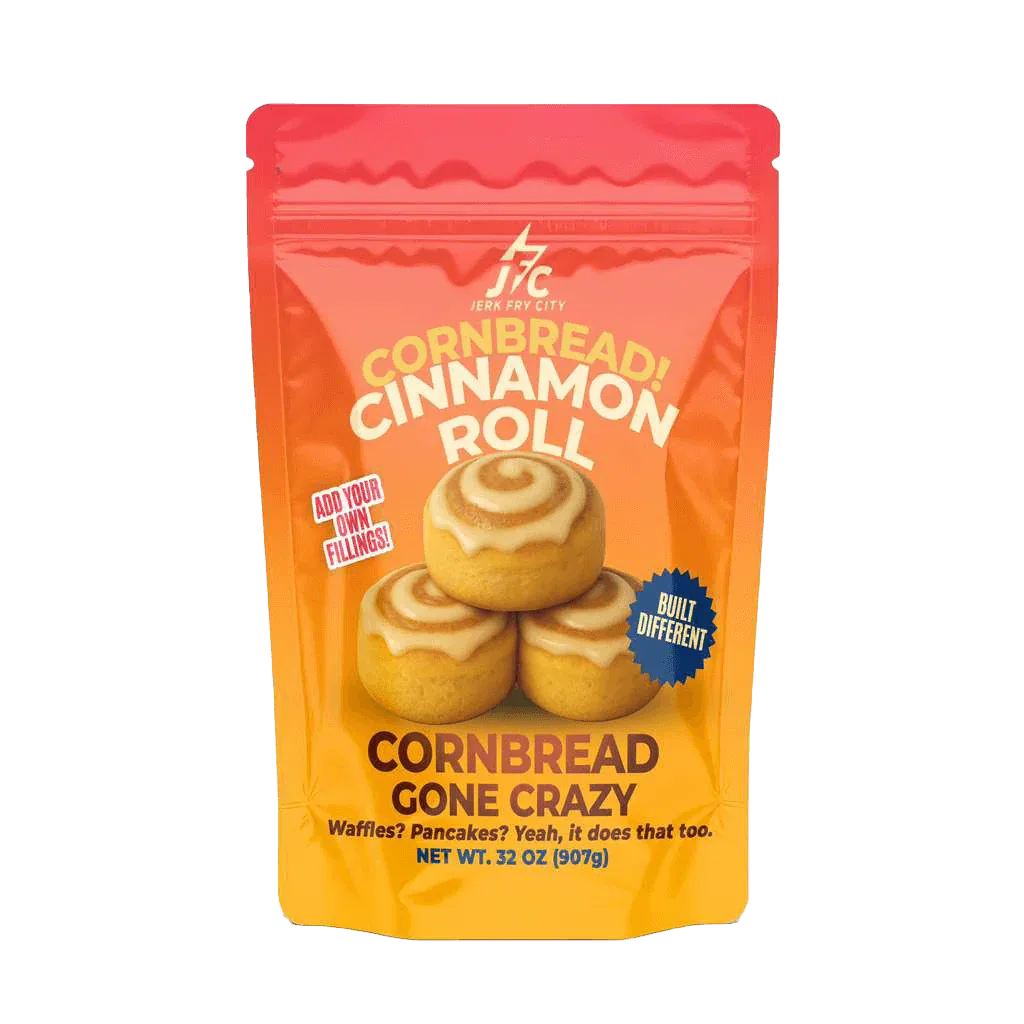 Cornbread Cinnamon Roll package with orange and pink design on a transparent background - Jerk Fry City