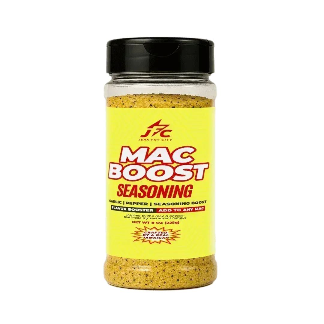 8 oz Jar of Mac Boost seasoning with a yellow label on a transparent background - Jerk Fry City