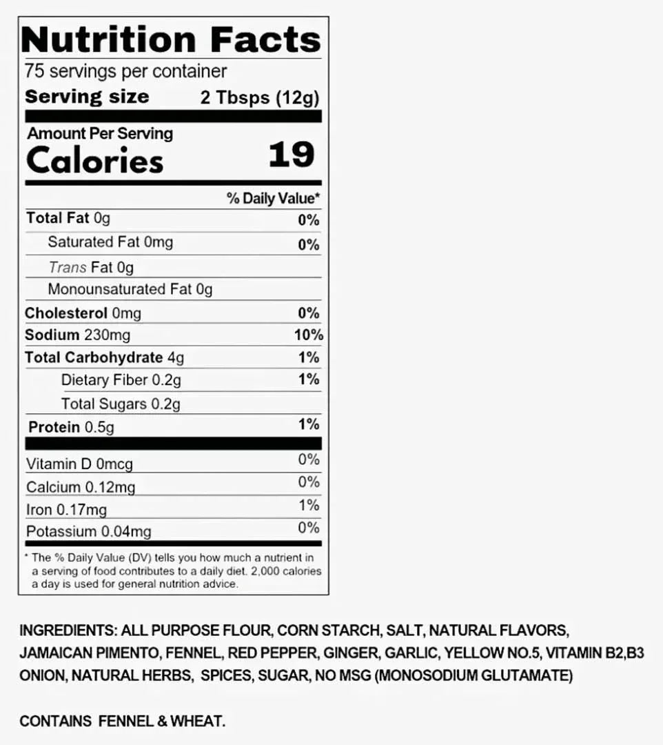 Nutrition facts label for Strictly Safer Mix batter Mild mix with serving size, calories, and detailed nutritional information - Jerk Fry City