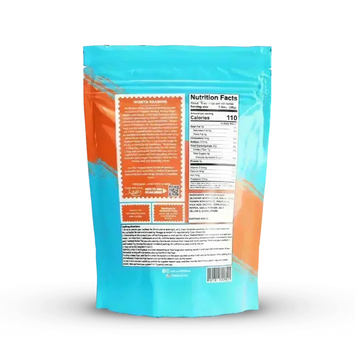 Nutrition label on a blue and orange package of Strictly Safer Mix batter Mild mix - Jerk Fry City