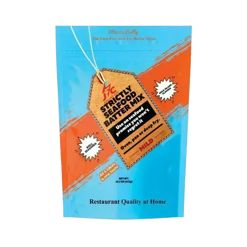 Packaging of Strictly Safer Mix batter Mild mix with blue and orange design - Jerk Fry City