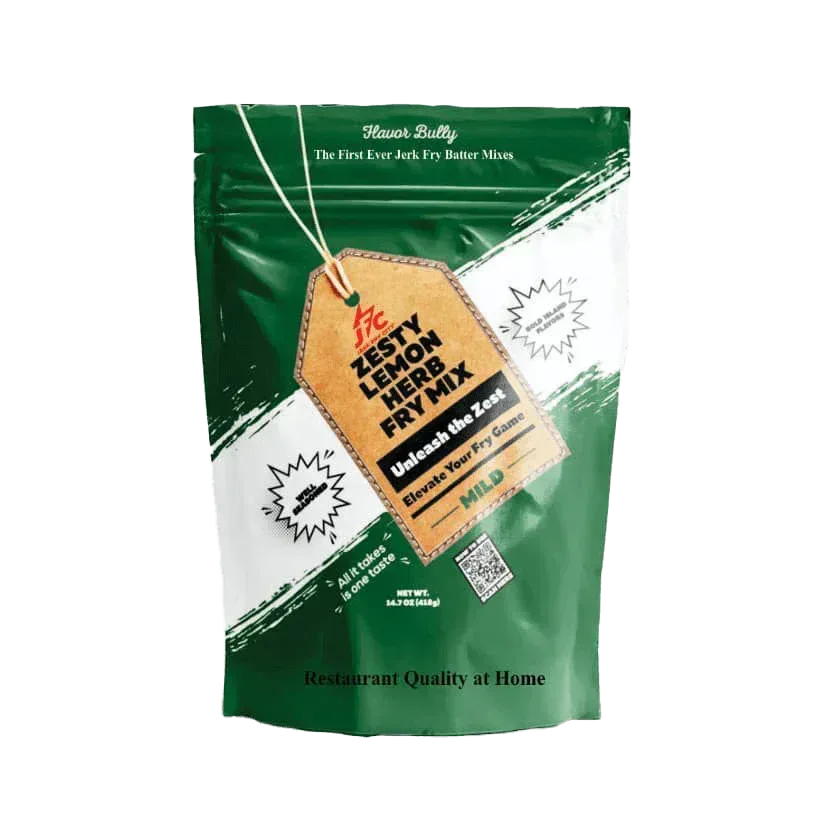 Green package of 'Zesty Lemon Herb Fry Mix' with a brown tag - Jerk Fry City