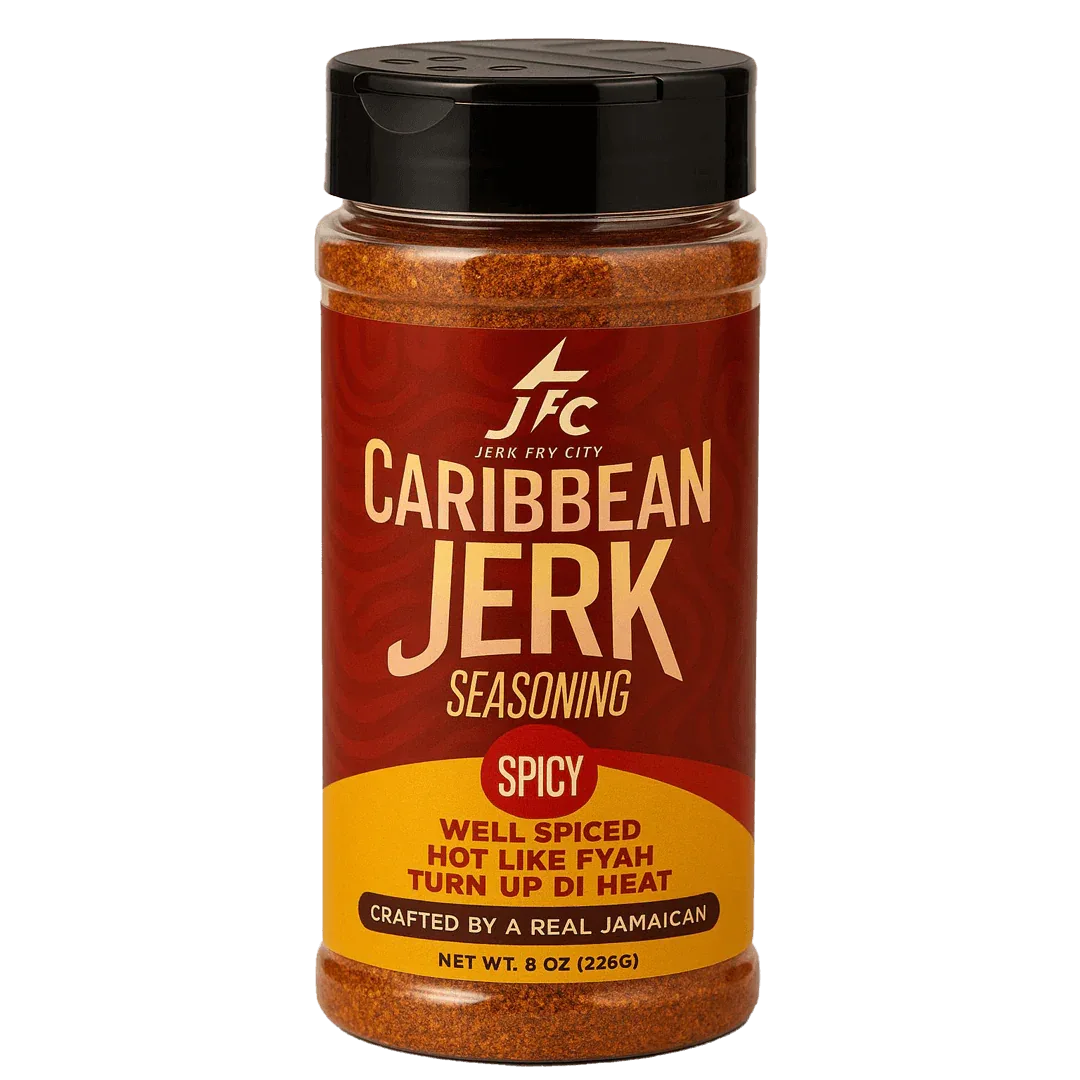 Jerr Fry City Caribbean Jerk seasoning 8oz jar with Red and Yellow label on a transparent background