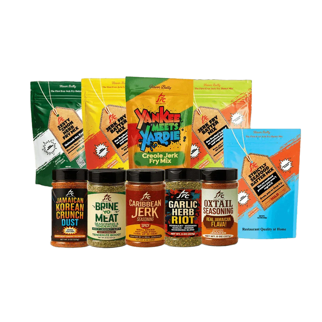 Collection of seasoning packages and bottles - Jerk Fry City