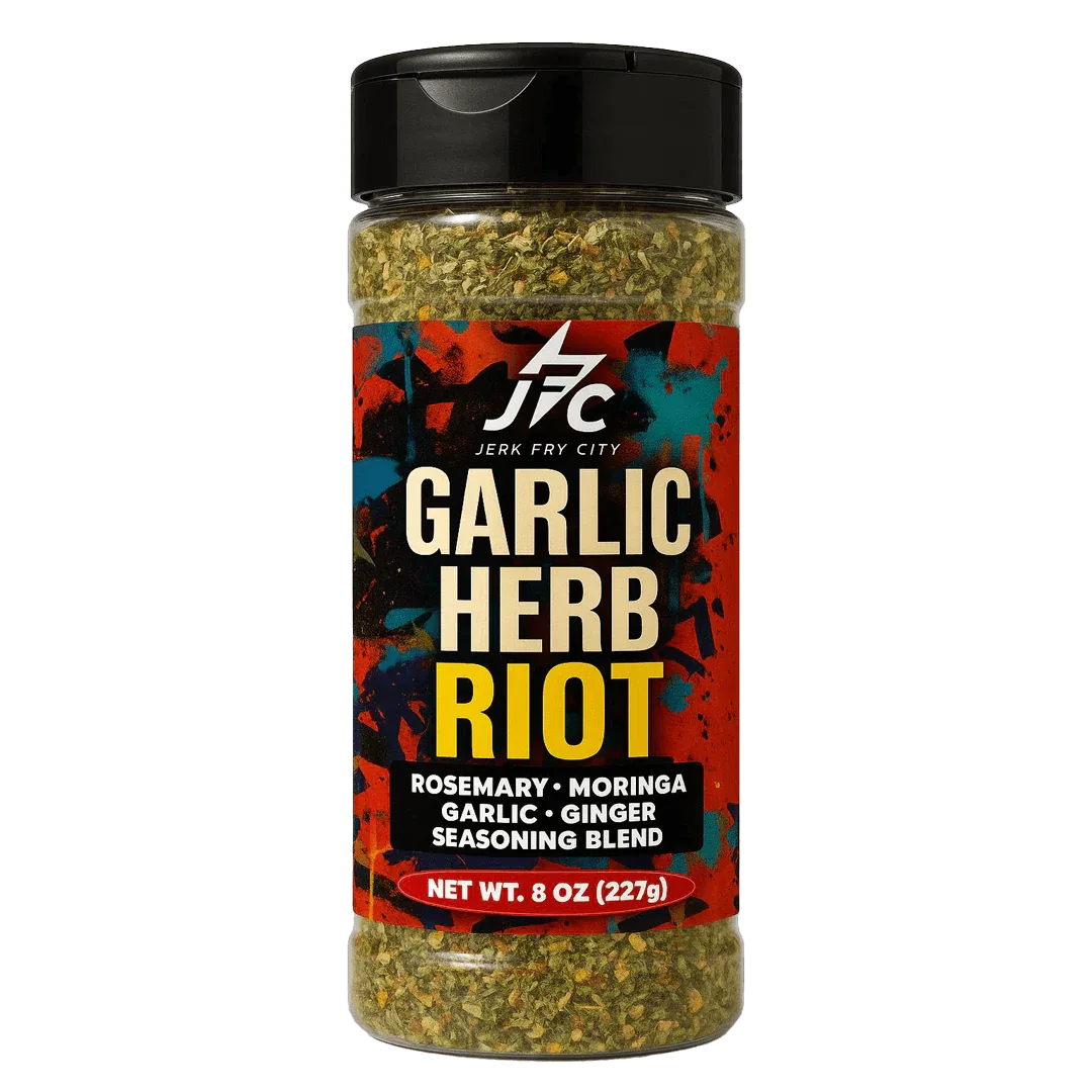 Garlic Herb Riot seasoning blend bottle with colorful label 8 oz - Jerk Fry City