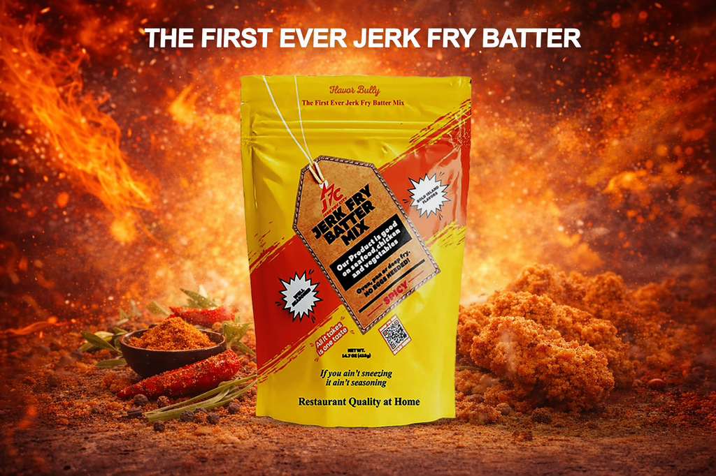 Jerk fry batter mix packaging with fiery background