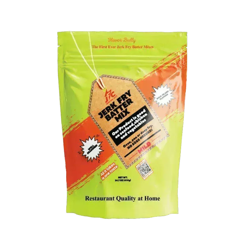 Packaged jerk fry batter mix mild with a green and orange design on a transparent background - Jerk Fry City