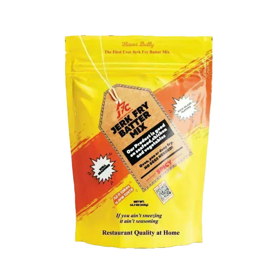 Yellow package of jerk fry batter mix spicy on a transparent background - Jerk Fry City