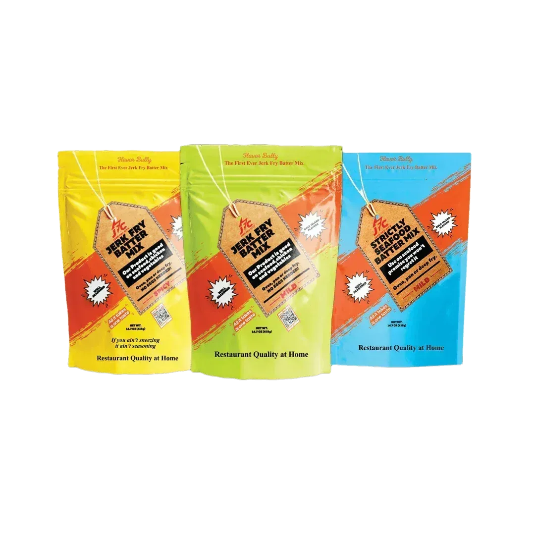 Jerk Fry Batter Mix Spicy in Yellow and Red package, Jerk Fry Batter Mix Mild in Green and Red package, and Strictly Seafood Batter Mix Mild in Blue and Red package - Jerk Fry City