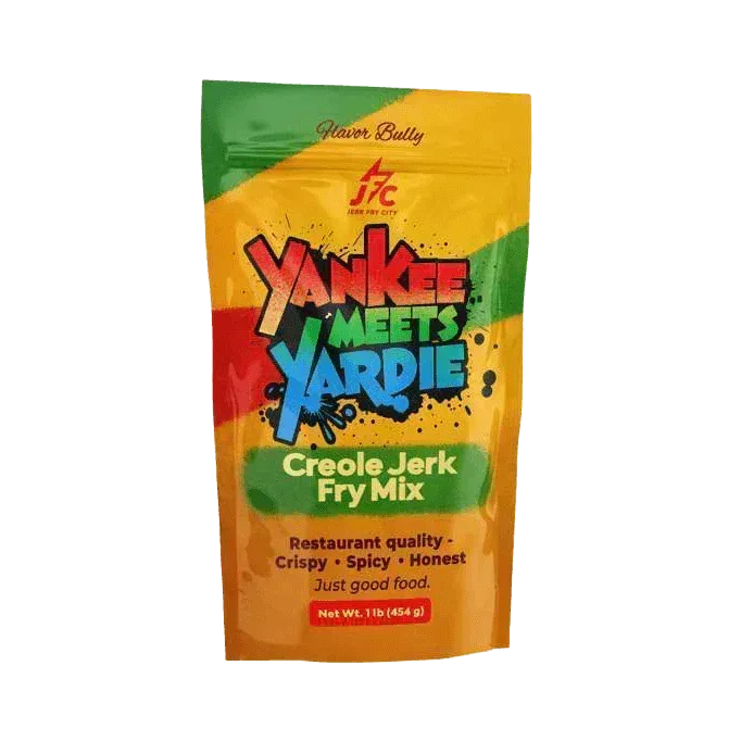 Yankee Meets Yardie Creole Jerk Fry Mix Creole Jerk Fry Mix on Green, Yellow, and Red color packaging - Jerk Fry City