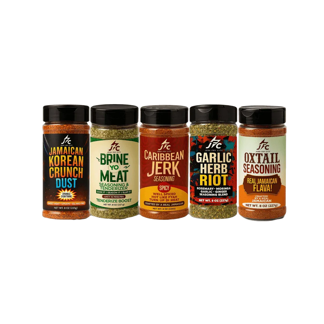 Five jars of different seasoning blends - 5 Flavors of Caribbean - Jerk Fry City
