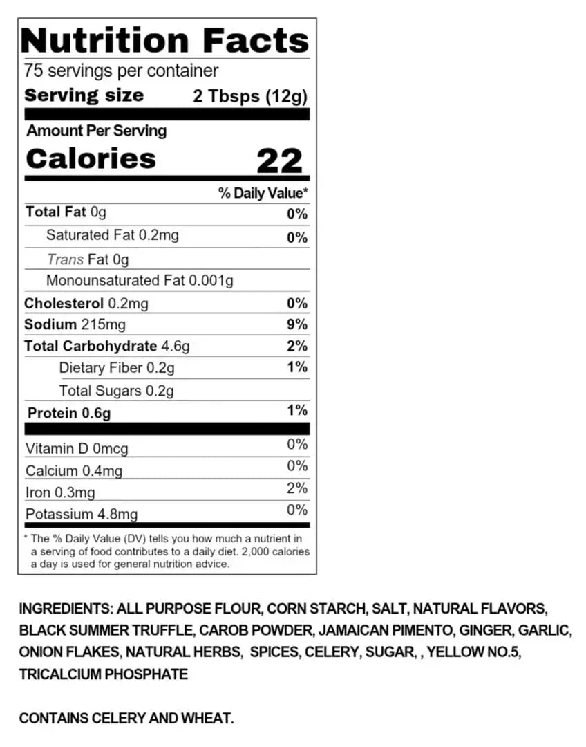 Nutrition facts label for a product with detailed information on calories, macronutrients, and ingredients - Jerk Fry City