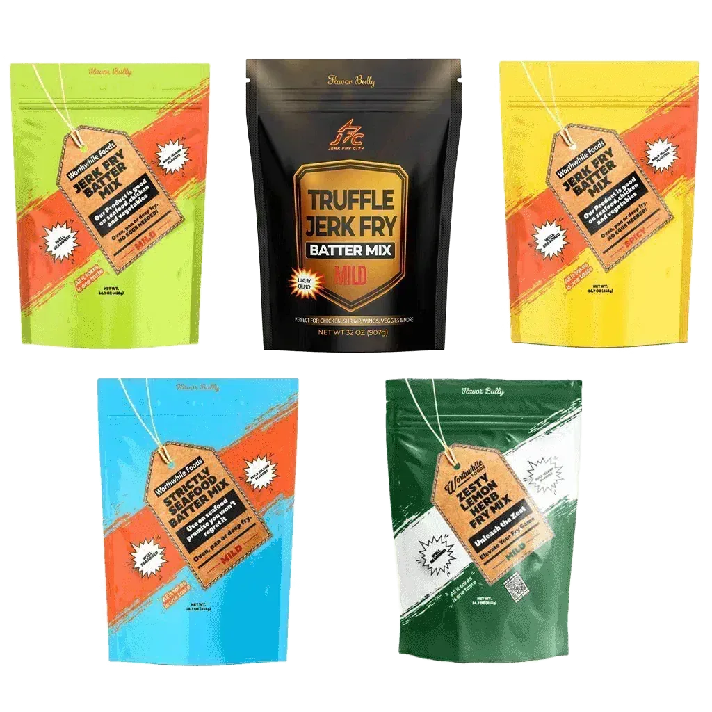 Jerk Fry Batter Mix Mild, Jerk Fry Batter Mix Spice, Truffle Jerk Fry Batter Mix Mild, Strictly Seafood Batter Mix, Zesty Lemon Here Pry Mix 5 Pack Combo - Jerk Fry City