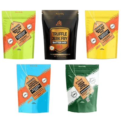 Jerk Fry Batter Mix Mild, Jerk Fry Batter Mix Spice, Truffle Jerk Fry Batter Mix Mild, Strictly Seafood Batter Mix, Zesty Lemon Here Pry Mix 5 Pack Combo - Jerk Fry City
