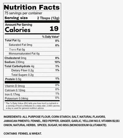 Nutrition facts label for Strictly Safer Mix batter Mild mix with serving size, calories, and detailed nutritional information - Jerk Fry City