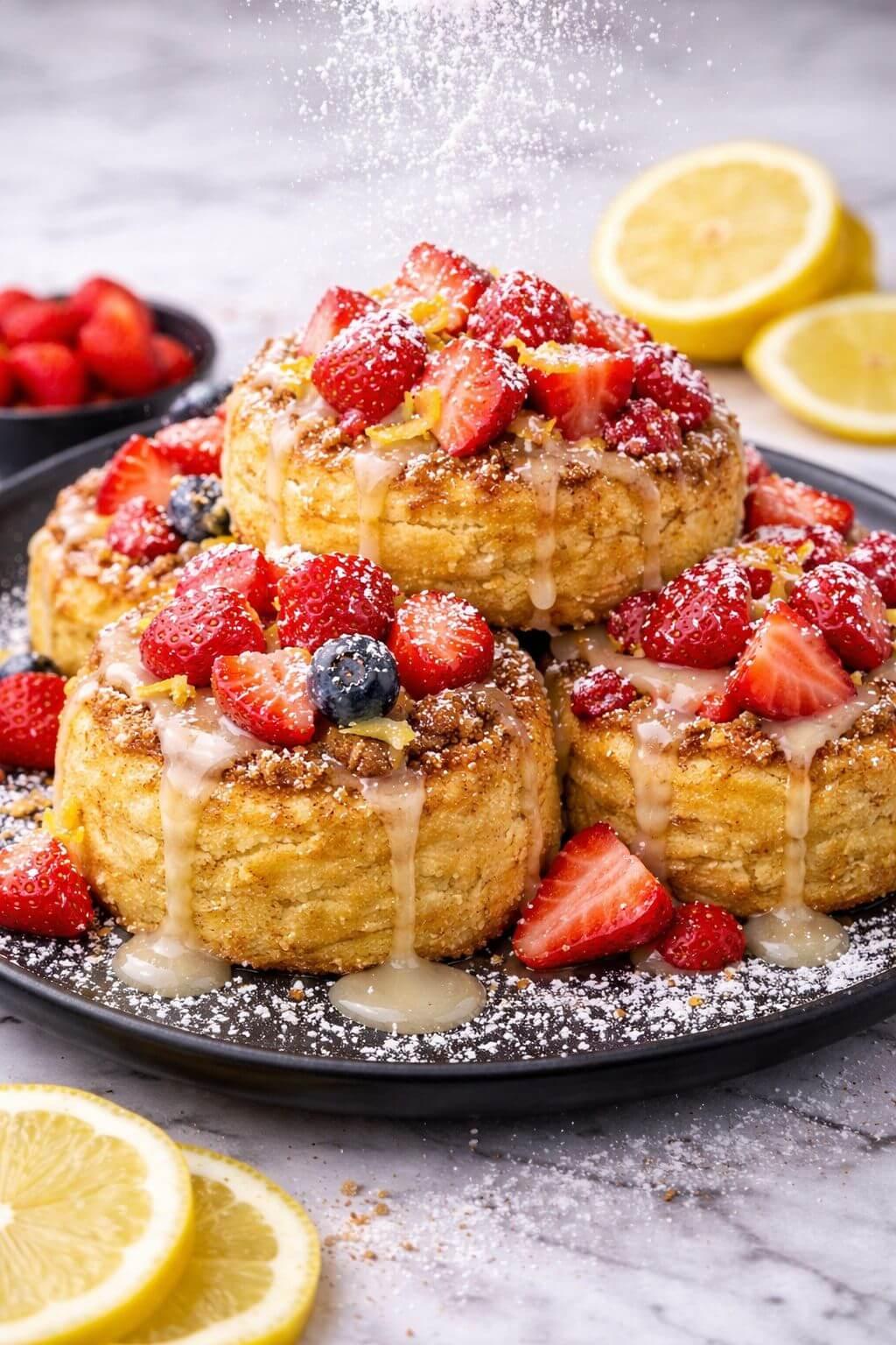 Stack of baked pastries with fruit toppings on a plate with lemons and berries in the background - Jerk Fry City