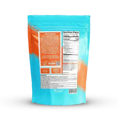 Nutrition label on a blue and orange package of Strictly Safer Mix batter Mild mix - Jerk Fry City