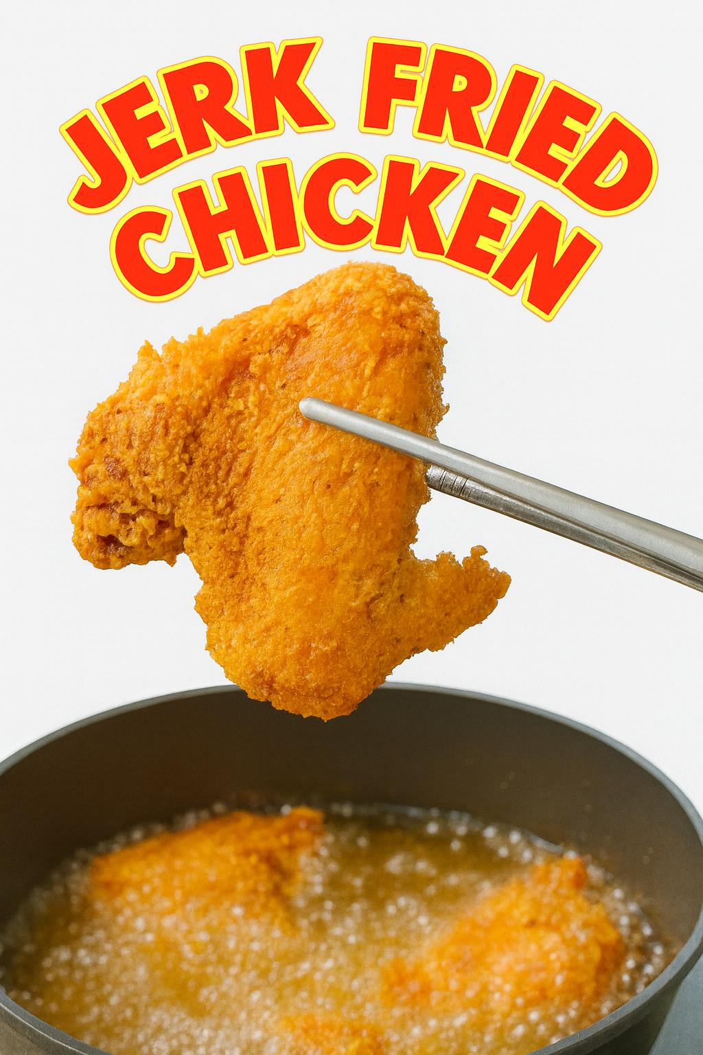 Fried chicken being lifted with chopsticks from a pot of hot oil, with 'Jerk Fried Chicken' text above - Jerk Fry City