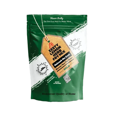 Green package of 'Zesty Lemon Herb Fry Mix' with a brown tag - Jerk Fry City