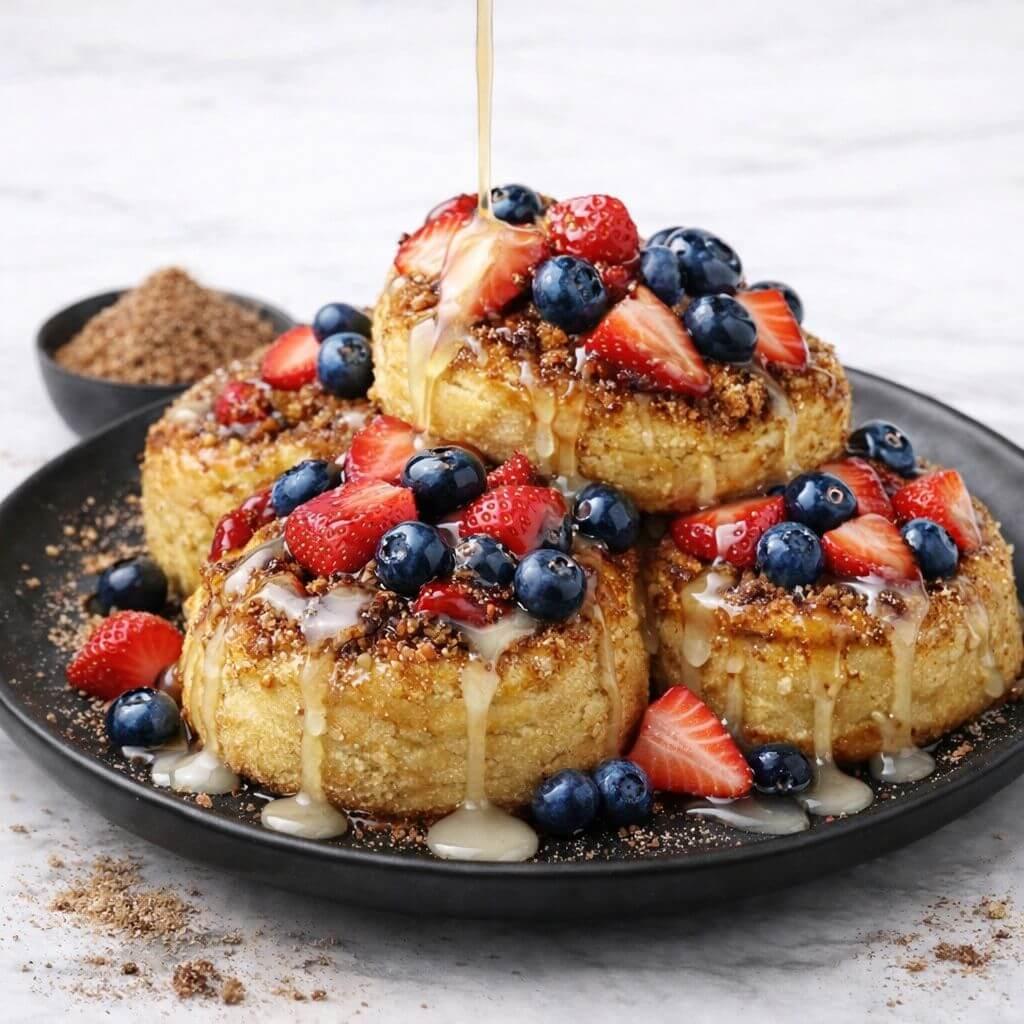 Stack of cinnamon rolls with berries and icing on a plate - Cornbread Cinnamon Roll Mix - Jerk Fry City