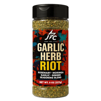 Garlic Herb Riot seasoning blend bottle with colorful label 8 oz - Jerk Fry City