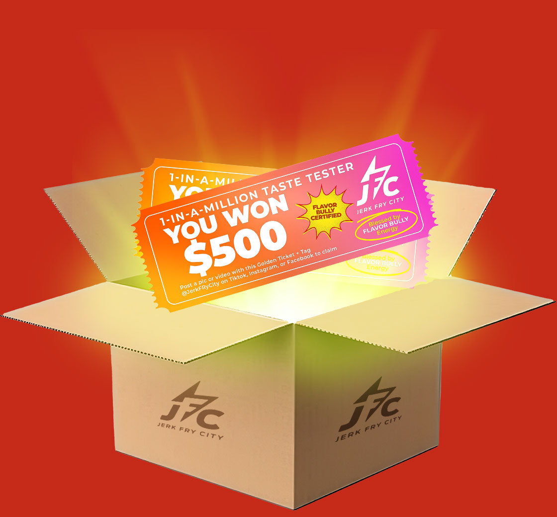 Open cardboard box with JFC (Jerk Fry City) gift cards on a red background