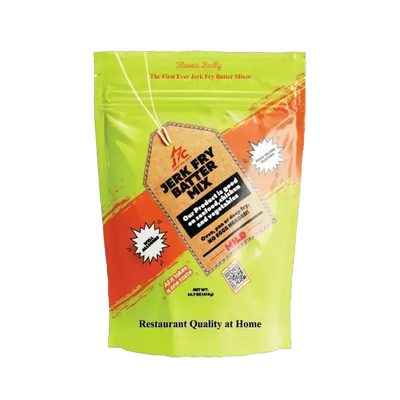 Packaged jerk fry batter mix mild with a green and orange design on a transparent background - Jerk Fry City