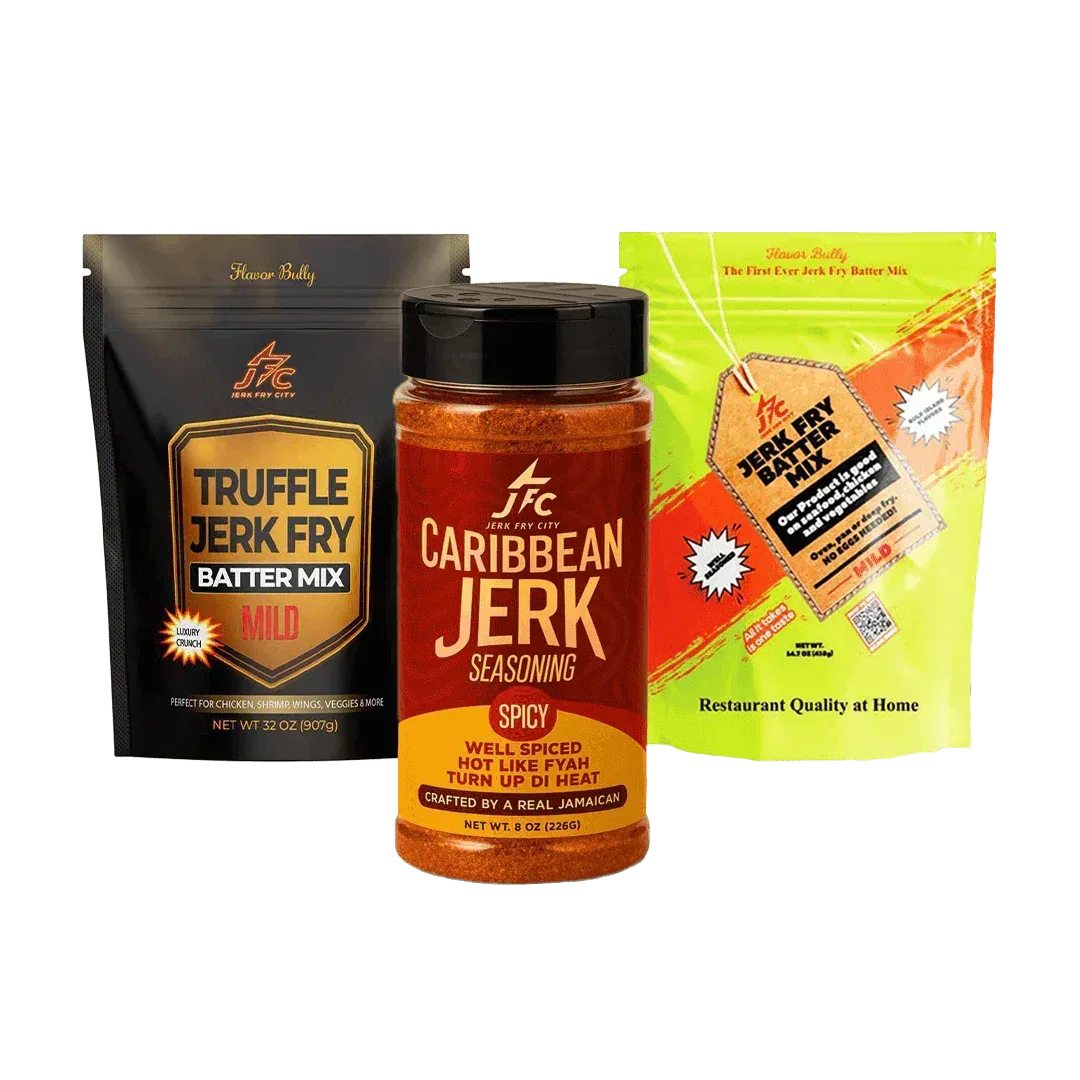 Three food product packages including 'Truffle Jerk Fry Batter Mix', 'Caribbean Jerk Seasoning', and 'Jerk Fry Batter Mix' on a transparent background - Jerk Fry City