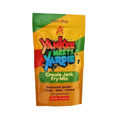 Yankee Meets Yardie Creole Jerk Fry Mix Creole Jerk Fry Mix on Green, Yellow, and Red color packaging - Jerk Fry City