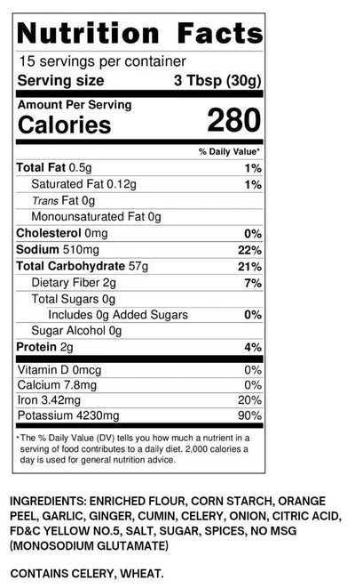 Nutrition facts label for zesty lemon herb fry mix with detailed nutritional information.